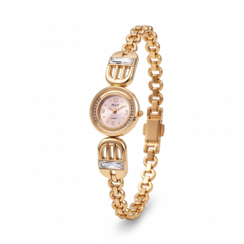 Luxury Rose Gold Bracelet Watch for Women featuring a Crystal-Studded Pink Dial with Quartz Movement, Decorative Horseshoe Links, and Premium Rhinestone Accents, Perfect for Elegan