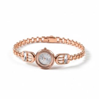 Elegant Rose Gold Bracelet Watch for Women with Crystal Studded Links Round White Face Quartz Battery Operated Precise Timekeeping Fashionable Wrist Accessory for Parties Weddings 