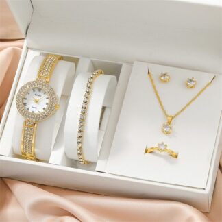 Fopul Mall Luxury and Fashion Women's Quartz Diamond Watch with Diamond Jewelry Set - Elegant Gold Steel Strap Watch for Girls - Perfect Gift for Special Occasions