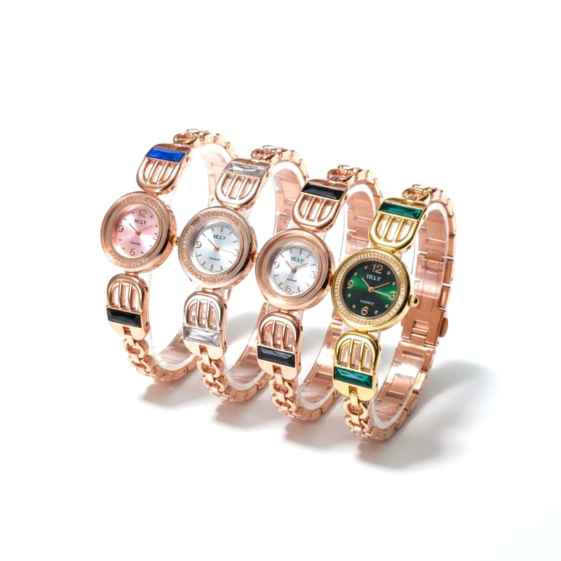 Elegant Rose Gold and Gold Bracelet Watches for Women with Vibrant Gemstone Accents Including Emerald Green, Royal Blue, and Crystal White Dials Perfect for Party Wear and Special
