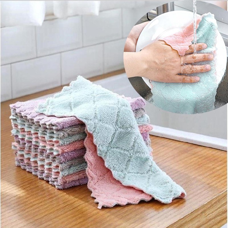 5pcs/set Household Kitchen Towels Absorbent Thicker Double-layer Microfiber Wipe Table Kitchen Towel Cleaning Dish Washing Cloth