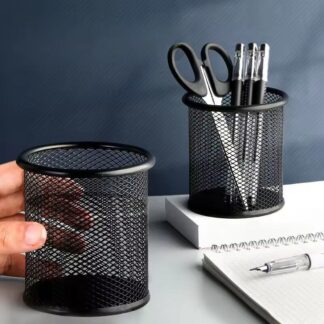 Metal Mesh Pen Holder & Desk Organizer - Black Wire Pencil Stand - Round / Square Stationery Storage Box for Office, School & Makeup Brushes
