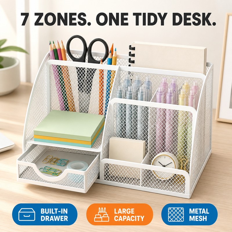 7 Compartment Metal Mesh Pen Holder Desk Organizer with Drawer Large Capacity Office Stationery Storage for Students Teachers