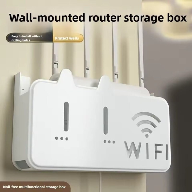 WiFi Router Storage Box Plastic Router Stand Wall Mount Shelf with 2-Way Installation (Sticker or Drill)