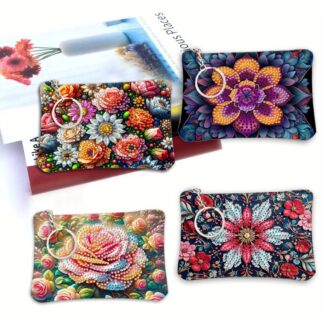 1pc DIY Flowers Diamond Art Coin Pouch with Zipper PU Leather Crystal Rhinestone Purse for  Carry, Daily Use, Travel