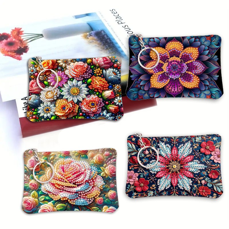 1pc DIY Flowers Diamond Art Coin Pouch with Zipper PU Leather Crystal Rhinestone Purse for Carry, Daily Use, Travel