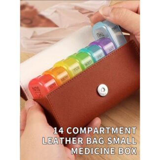 Leather Weekly Pill Organizer Box Travel Medication Reminder 7 Compartments AM PM Day Night Carrying Case for Daily Use