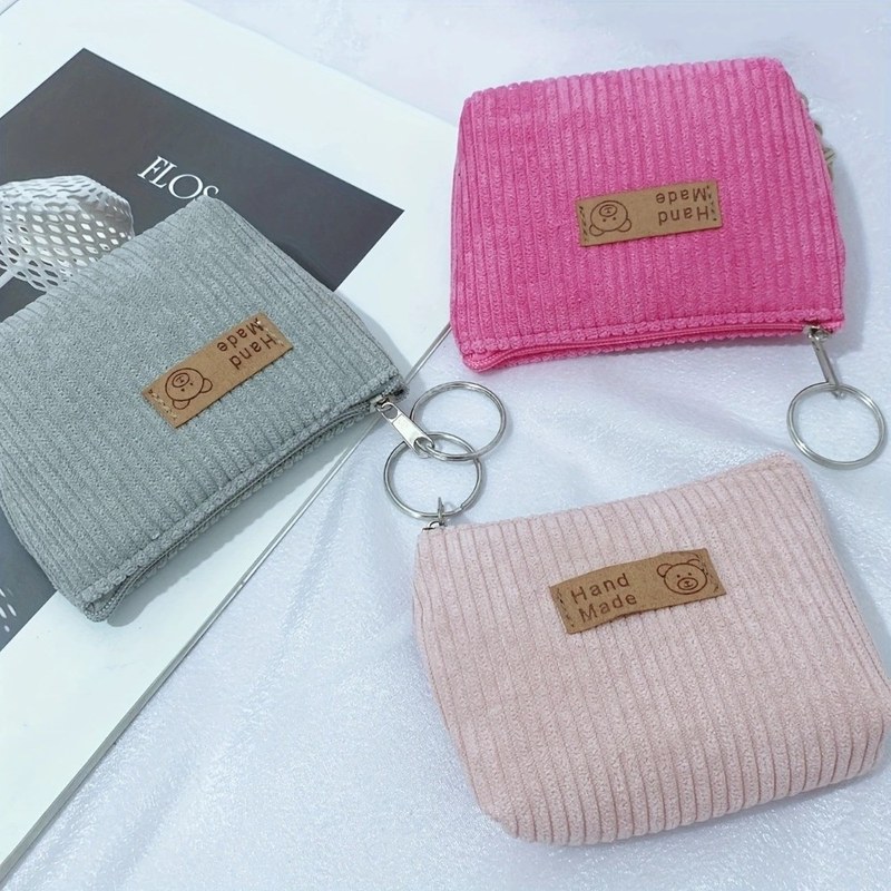 New Zipper Style Coin Purse Corduroy Material Durable Cosmetic Organizer Bag Soft Striped Women's Carry on Bag Daily Use